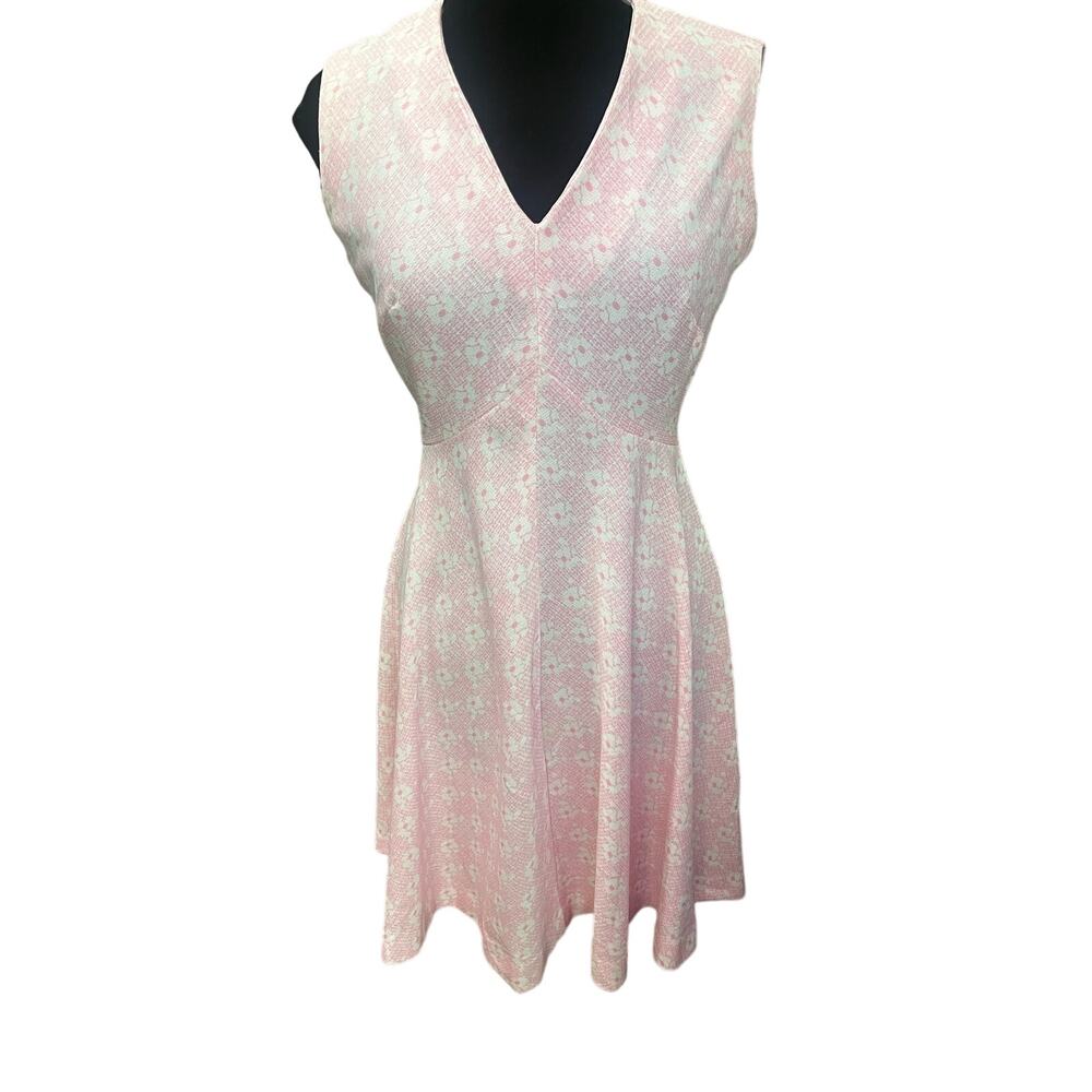 Vintage 60s Georgee Originals Pink White Sleeveless Floral V-Neck Dress Small M
